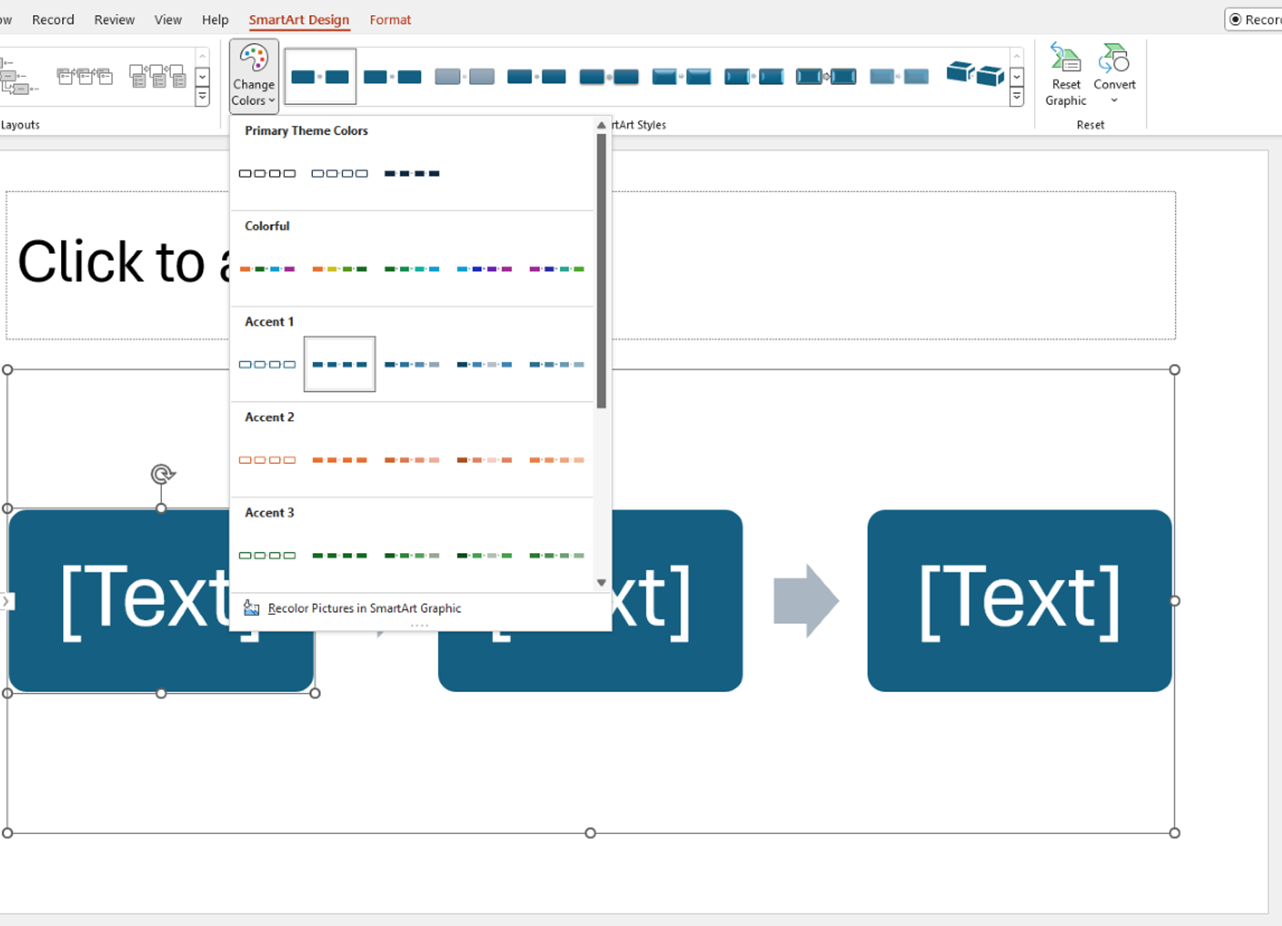 Inserting Process SmartArt diagrams in PowerPoint - formatting smartart screenshot