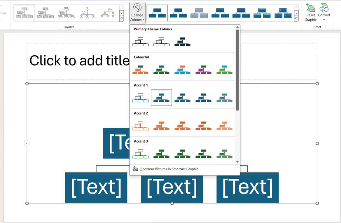 Inserting Hierarchy SmartArt Diagrams formatting shapes screenshot