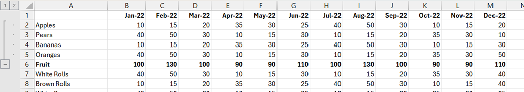 Grouping and hiding data in Excel Grouped Fruit screenshot