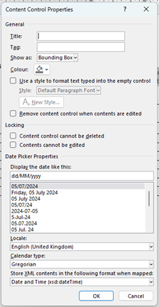 Date picker content control in word - edit properties screenshot