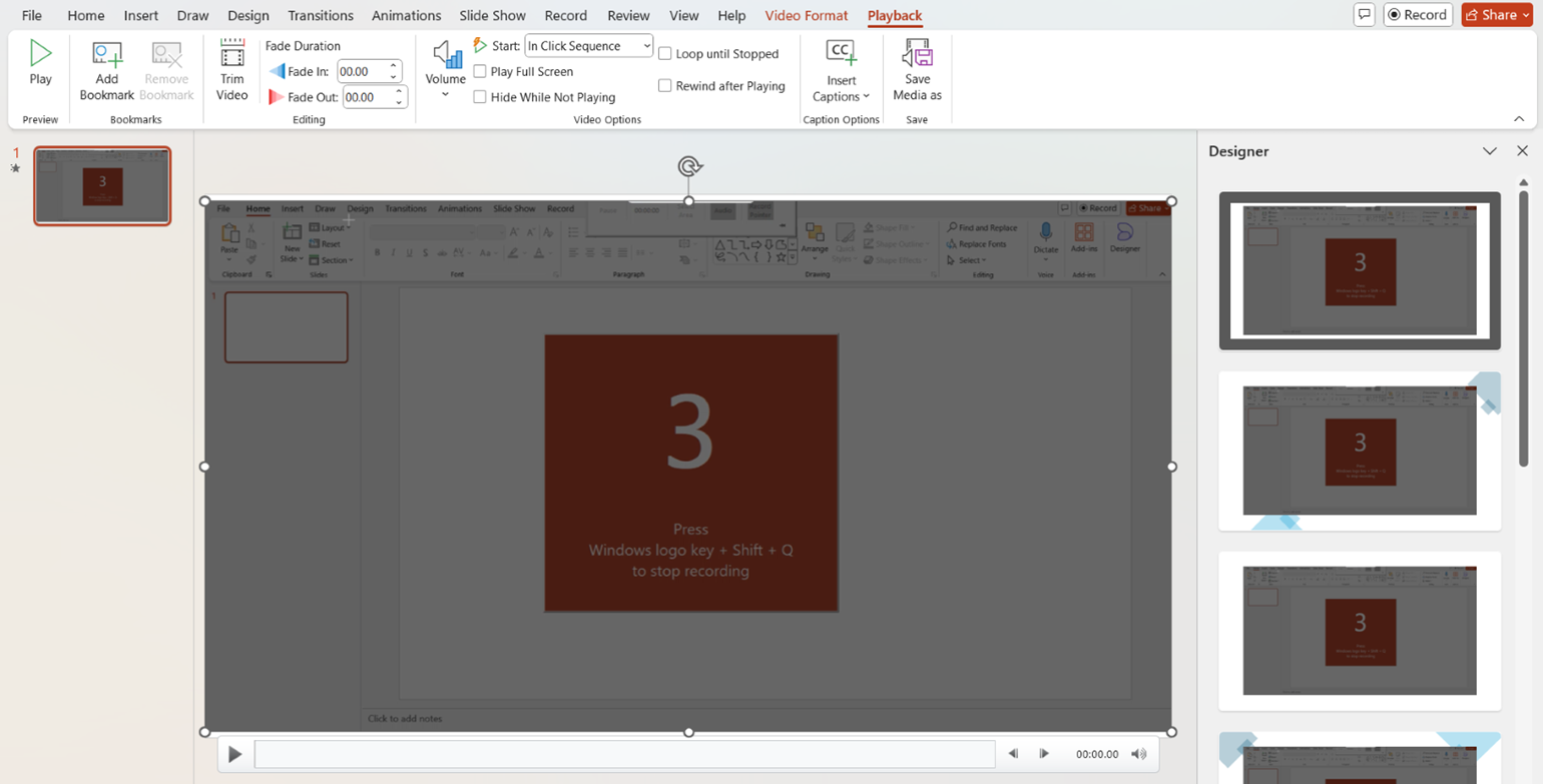 Screen Recording in PowerPoint - video inserted in slide screenshot