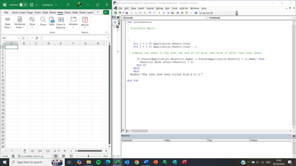 Sorting worksheets in ascending order - vba code screenshot